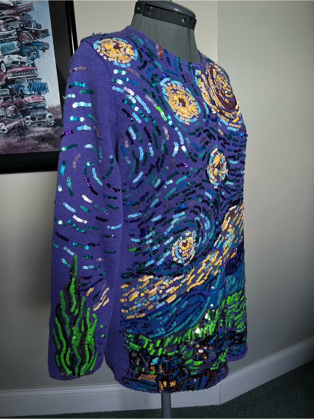 Michael Simon M Van Gogh Starry Night Sweater Cardigan Sequin Art To Wear - Picture 4 of 7